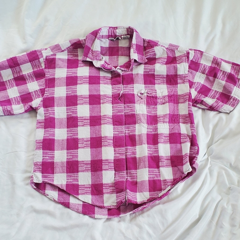 Control Vtg 1980's Plaid Checkered Women's Shirt Covered Button Panel, Sz Small